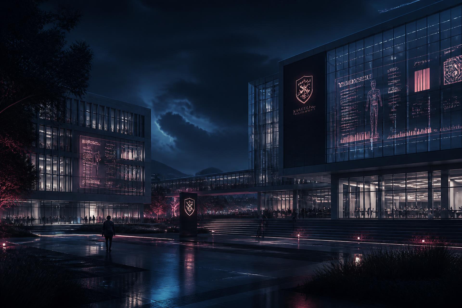 Campus universitario del futuro iluminado de noche